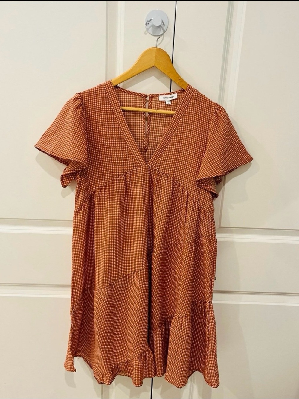 Mittoshop women’s small Rust Gingham Flutter-Sleeve V-Neck Dress
